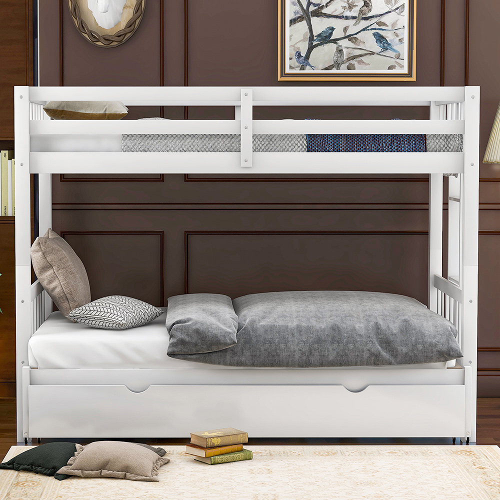 Twin-Over-Twin/King Size Bunk Bed Frame with Trundle Bed, and Wooden Slats Support, No Spring Box Required (Frame Only) - White