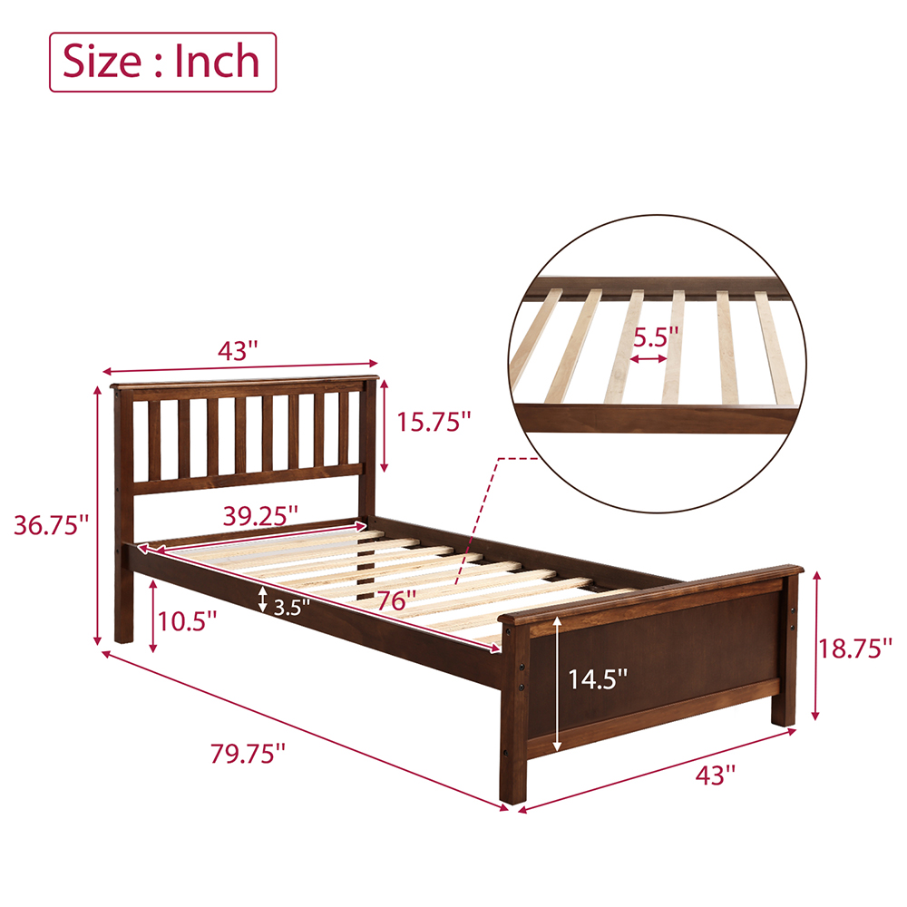 Twin Size Wooden Platform Bed Frame with Headboard, Footboard, and Wooden Slats Support, No Spring Box Required (Frame Only) - Walnut