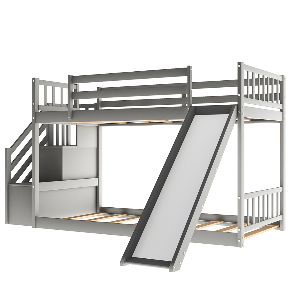 Twin-Over-Twin Size Stairway Bunk Bed Frame with Convertible Slide, and Wooden Slats Support, No Spring Box Required (Frame Only) - Gray