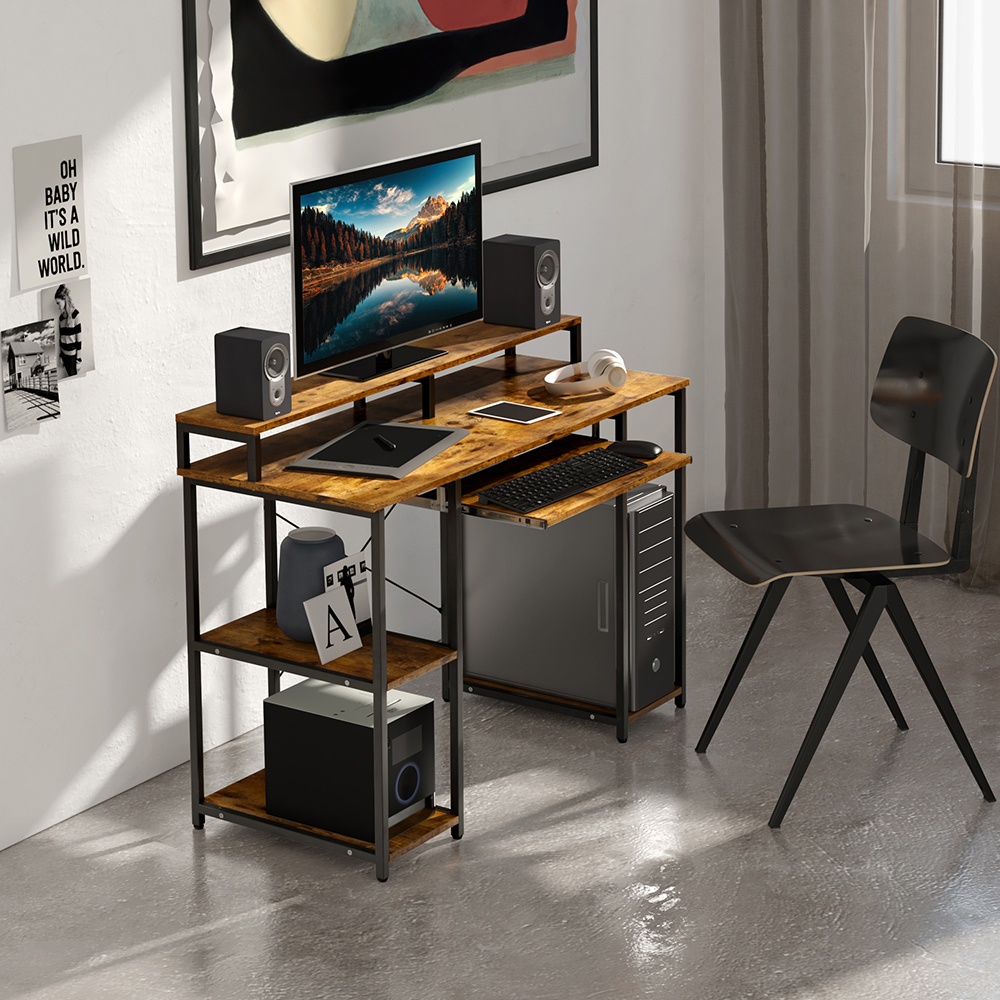 Home Office Computer Desk with Storage Shelves, MDF  Tabletop, and Metal Frame - Brown