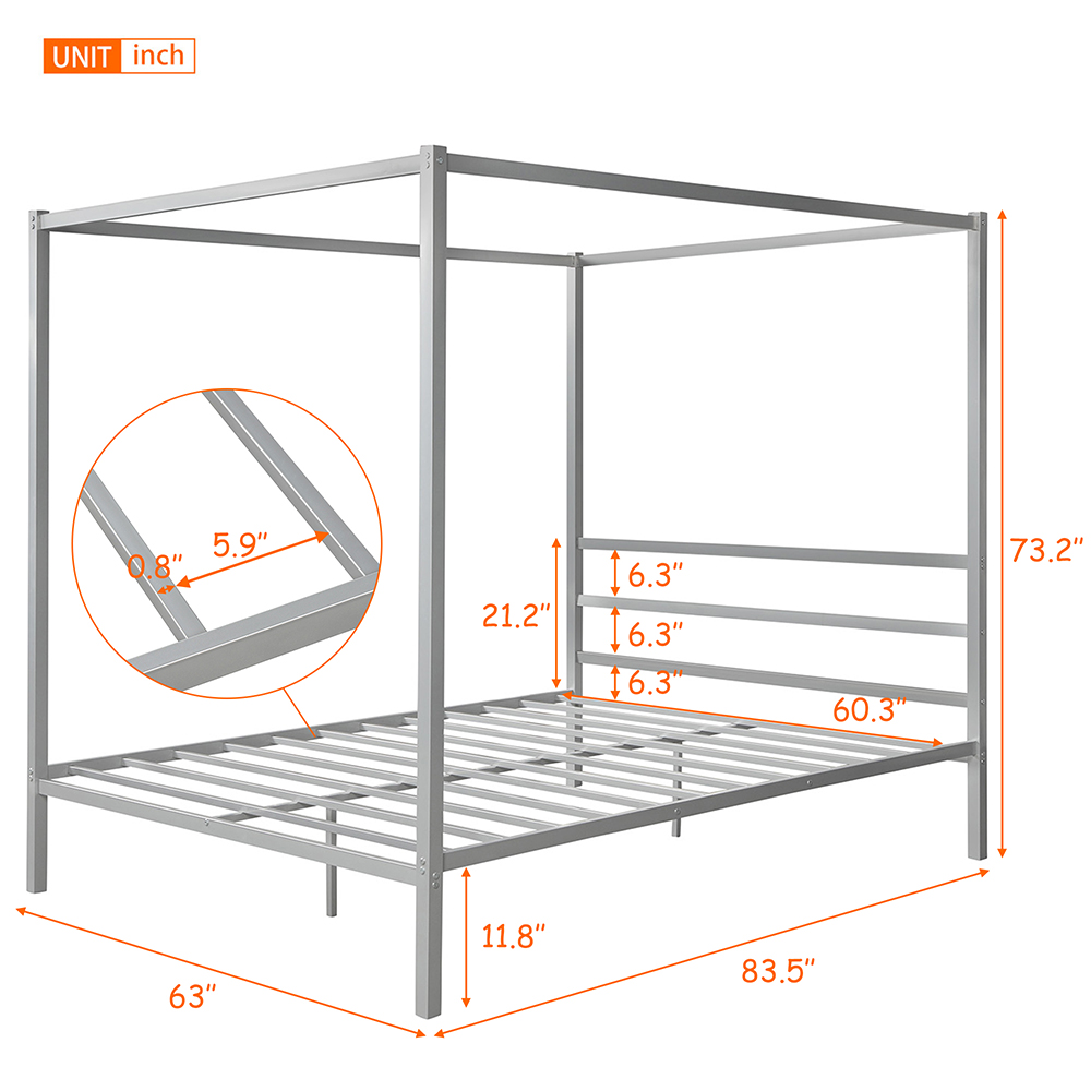 Queen Size Metal Canopy Platform Bed Frame with Built-in Headboard, and Metal Slats Support, No Spring Box Required (Frame Only) - Silver