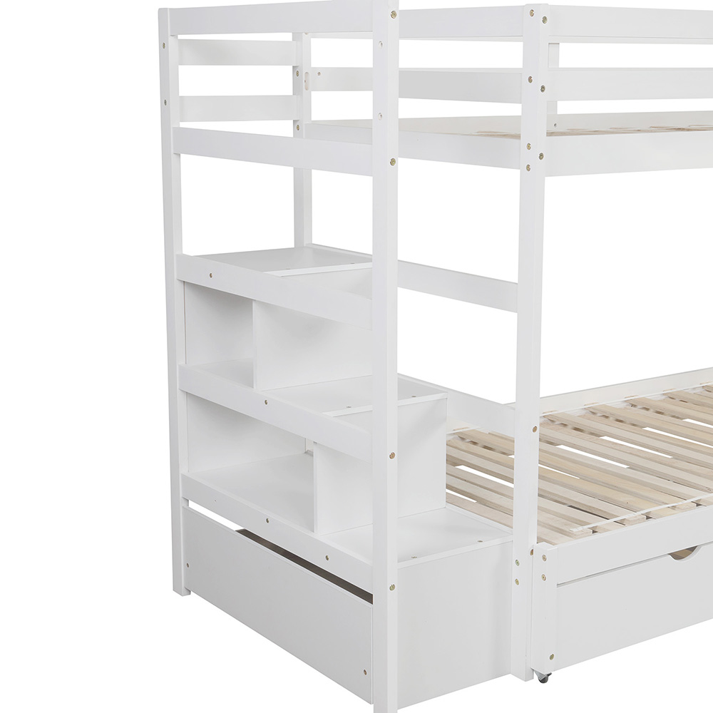 Twin-Over-Twin/King Size Wooden Bunk Bed Frame with Trundle Bed, and Storage Stairs, No Spring Box Required (Frame Only) - White
