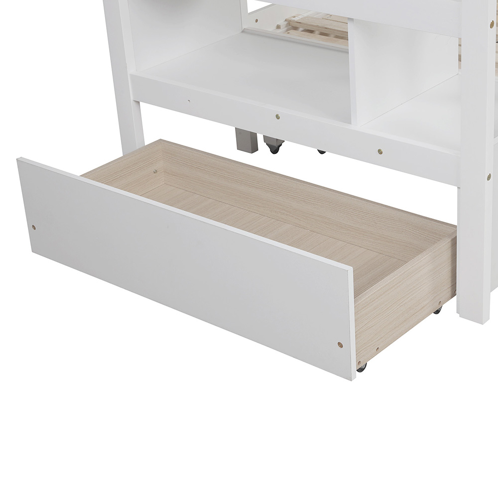 Twin-Over-Twin/King Size Wooden Bunk Bed Frame with Trundle Bed, and Storage Stairs, No Spring Box Required (Frame Only) - White