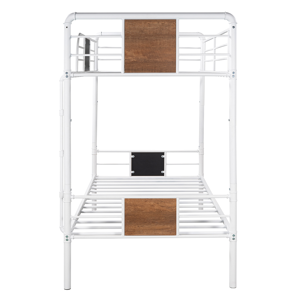 Twin-Over-Twin Size Bunk Bed Frame with Ladder, and Metal Slats Support, No Spring Box Required (Frame Only) - White