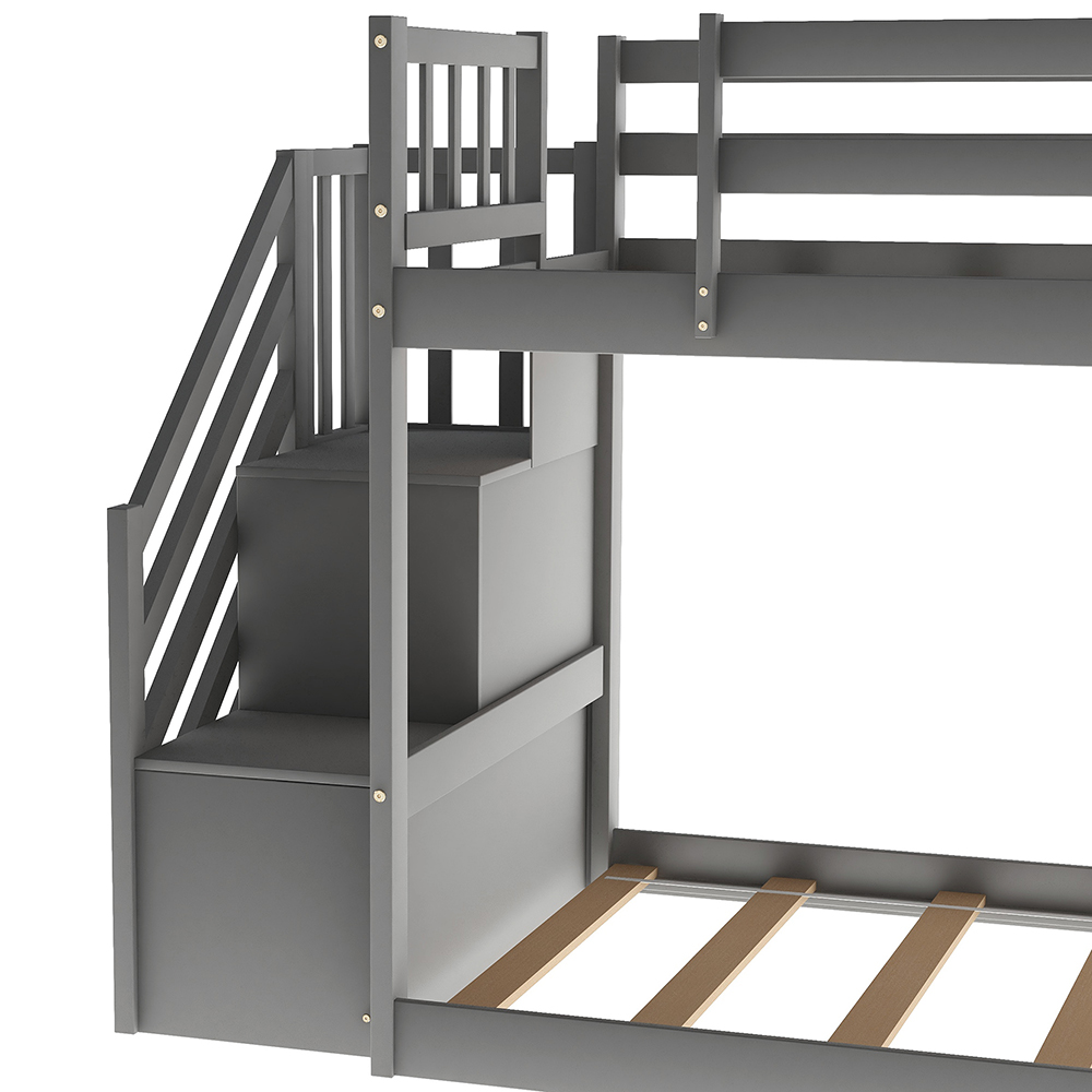 Twin-Over-Twin Size Stairway Bunk Bed Frame with Convertible Slide, and Wooden Slats Support, No Spring Box Required (Frame Only) - Gray