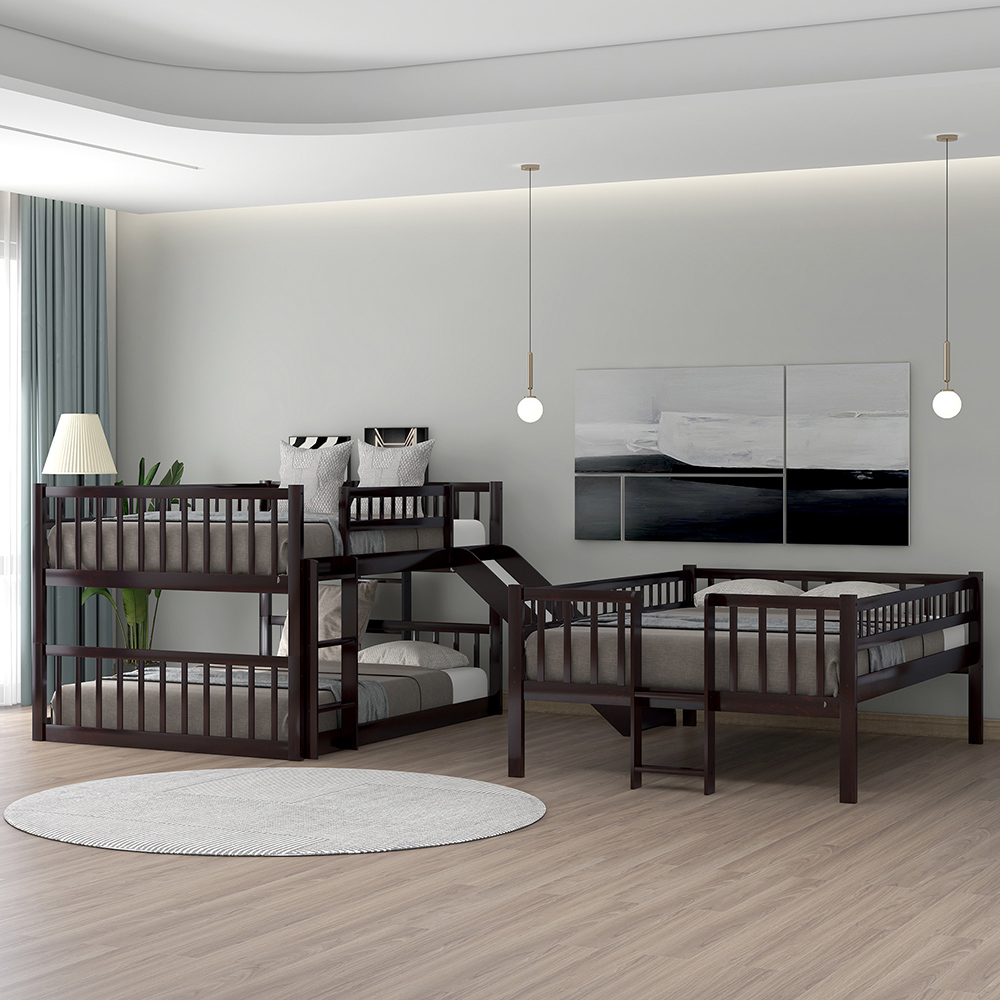Full-Over-Full-Over-Ful Size Triple Bed Frame with Slide, and Wooden Slats Support, No Spring Box Required (Frame Only) - Espresso