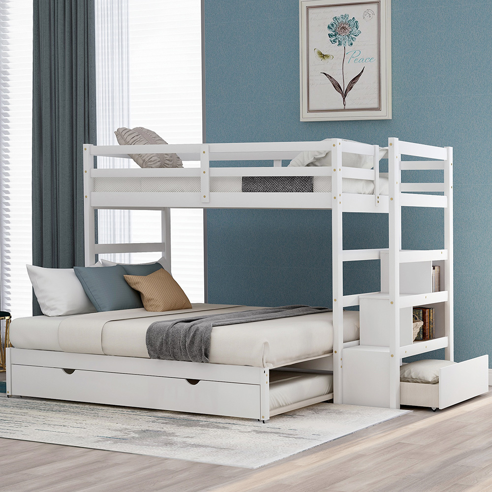 Twin-Over-Twin/King Size Wooden Bunk Bed Frame with Trundle Bed, and Storage Stairs, No Spring Box Required (Frame Only) - White