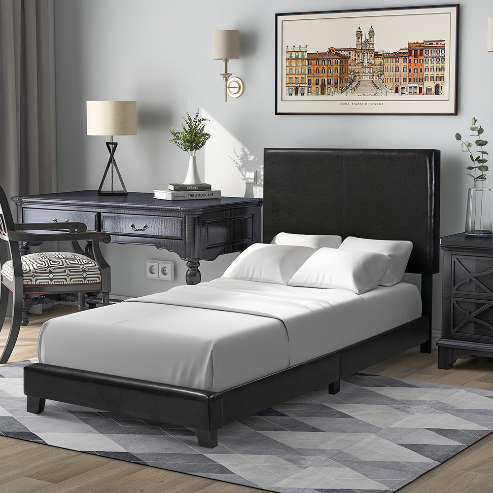Vienna Twin Size Faux Leather Upholstered Platform Bed Frame with Headboard, Spring Box Required (Frame Only) - Black