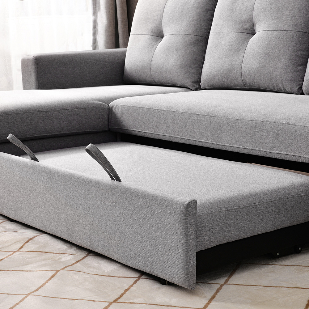90" 3Seat Lshaped Pullout Combination Polyester Sofa Bed Gray