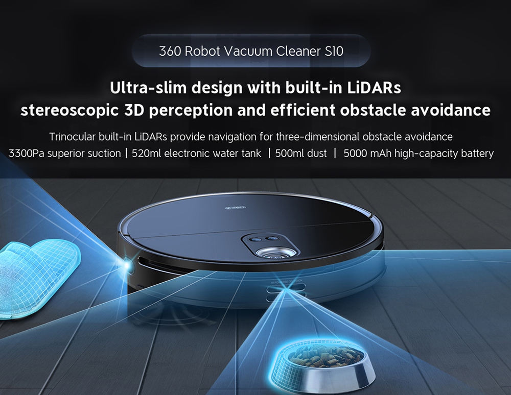 360 S10 Smart Robot Vacuum Cleaner 3300Pa Superior Suction Vacuuming Sweeping Mopping 3 in 1  LiDARs Navigation 3D Obstacle Avoidance UItra-slim Design 5000mAh Battery Alexa Google Assistant Clova APP Remote Control for Pets Hair, Carpets and Hard Floor - Black