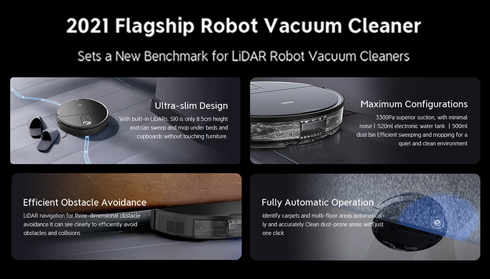 360 S10 Smart Robot Vacuum Cleaner 3300Pa Superior Suction Vacuuming Sweeping Mopping 3 in 1  LiDARs Navigation 3D Obstacle Avoidance UItra-slim Design 5000mAh Battery Alexa Google Assistant Clova APP Remote Control for Pets Hair, Carpets and Hard Floor - Black