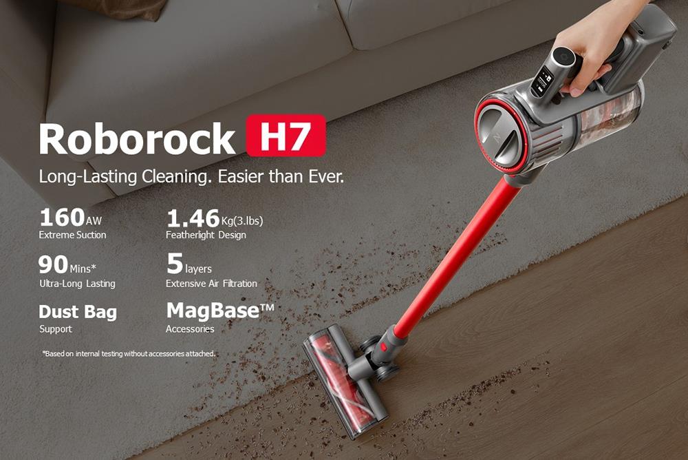 Roborock H7 Portable Handheld Cordless Vacuum Cleaner 160AW 420W Constant Suction 90 Minutes Run Time Fast 2.5-Hour Recharge 99.99% Particle Filtration Support Dust Bag OLED Display With Magnetic Accessories  - Space Silver