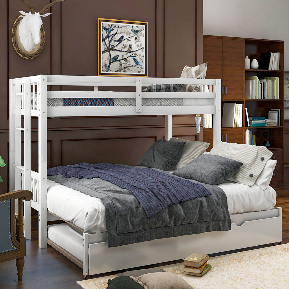 Twin-Over-Twin/King Size Bunk Bed Frame with Trundle Bed, and Wooden Slats Support, No Spring Box Required (Frame Only) - White