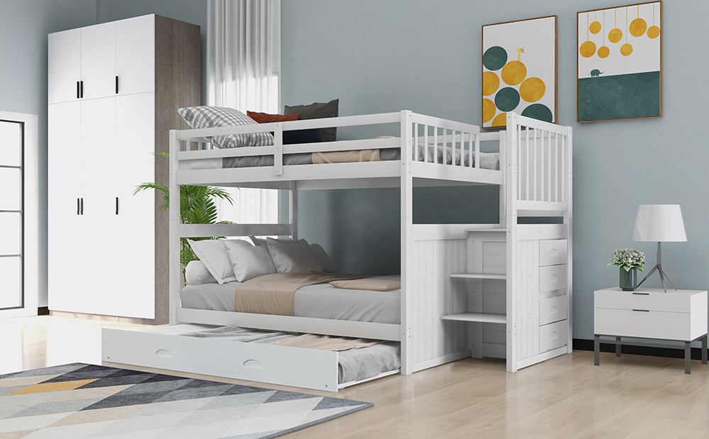 Bunk Bed Frame With Trundle, Twin Bunk Bed With Storage Stairs