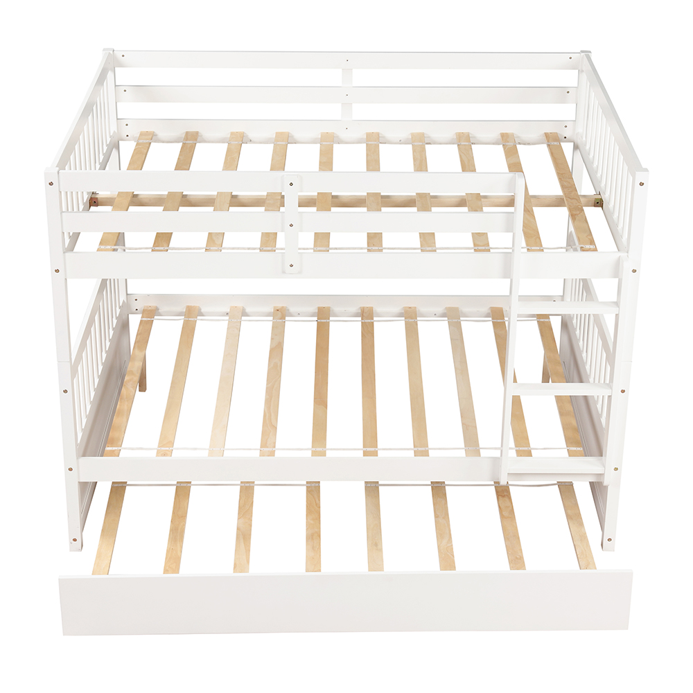 Full-Over-Full Size Detachable Bunk Bed Frame with Trundle Bed, and Wooden Slats Support, No Spring Box Required (Frame Only) - White