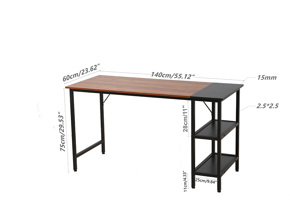 55" Home Office Computer Desk with Open Storage Shelves, Wooden Tabletop and Metal Frame - Brown + Black