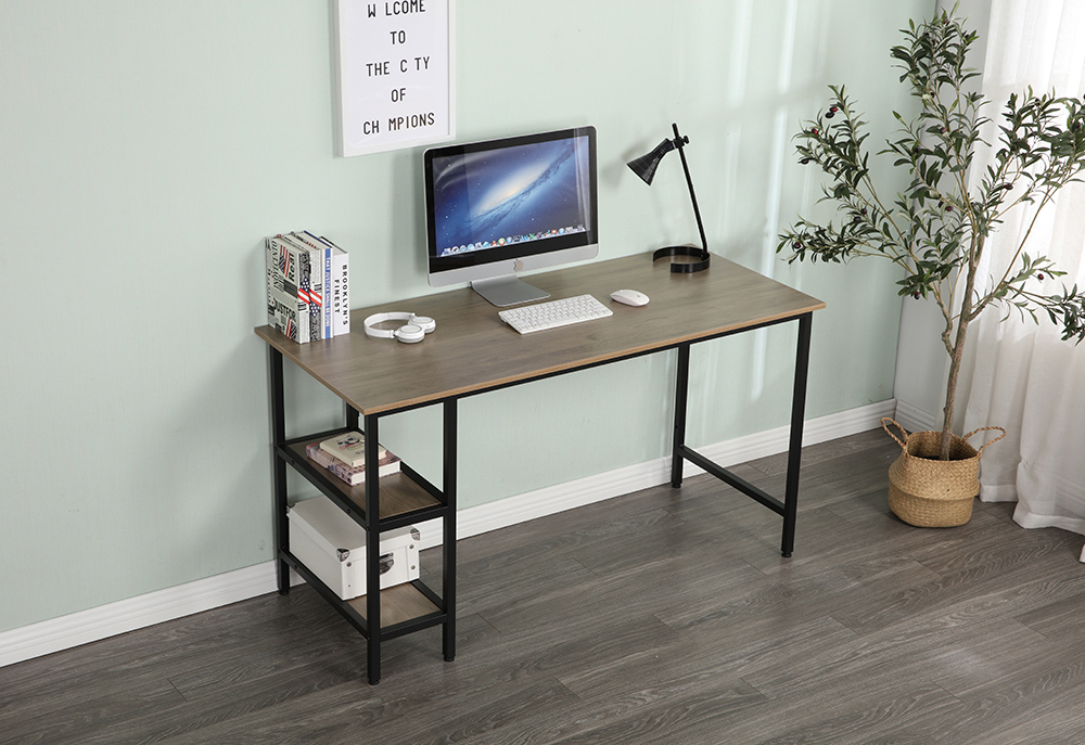 55" Home Office Computer Desk with Open Storage Shelves, Wooden Tabletop and Metal Frame - Gray