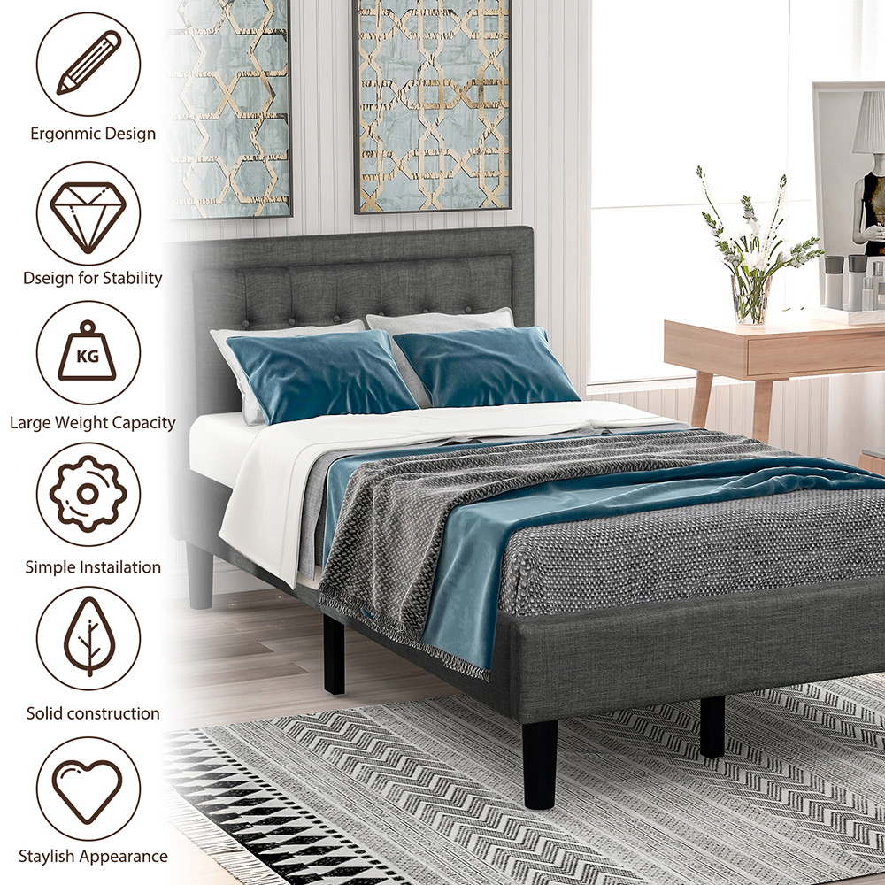 Twin Size Upholstered Platform Bed Frame with Headboard, and Wooden Slats Support, No Spring Box Required (Frame Only) - Gray
