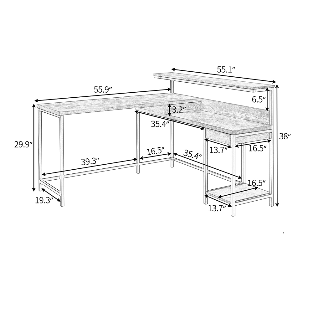 Home Office L-Shaped Computer Desk with Monitor Shelf, CPU Stand, MDF Tabletop, and Metal Frame - Tiger