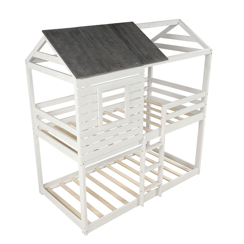 Twin-Over-Twin Size Bunk Bed Frame with Roof, and Wooden Slats Support, No Spring Box Required (Frame Only) - Antique White