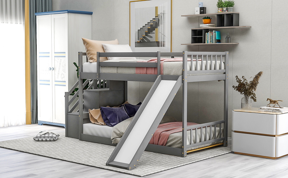 Twin-Over-Twin Size Stairway Bunk Bed Frame with Convertible Slide, and Wooden Slats Support, No Spring Box Required (Frame Only) - Gray
