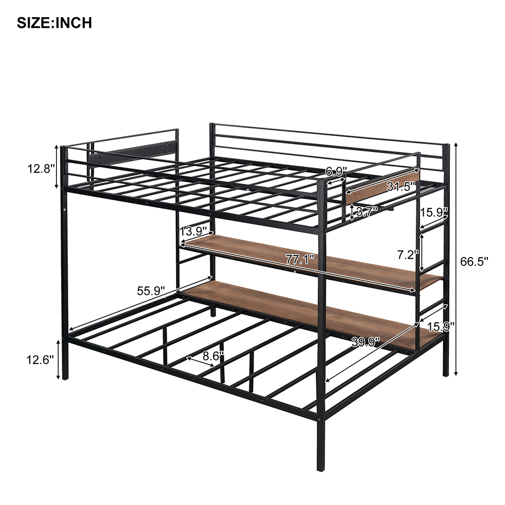 FullOverTwin/Full Size Bunk Bed Frame with Storage Shelves Black