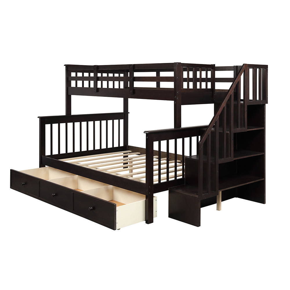 Twin-Over-Full Size Stairway Bunk Bed Frame With Storage Drawer, And Wooden Slats Support, No Spring Box Required (Frame Only) - Espresso 9 Twin-Over-Full Size Stairway Bunk Bed Frame with Storage Drawer, and Wooden Slats Support, No Spring Box Required (Frame Only) - Espresso