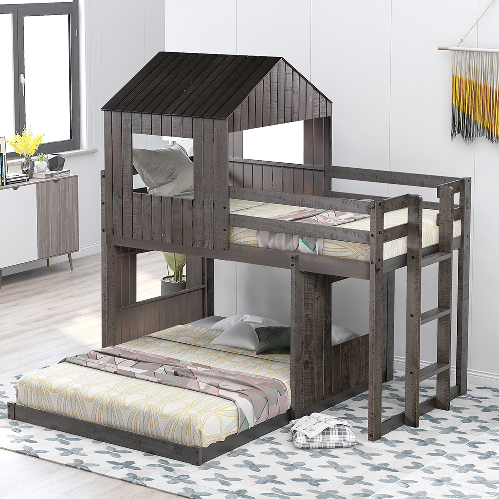 TwinOverFull Size Bunk Bed Frame with Roof Antique Gray