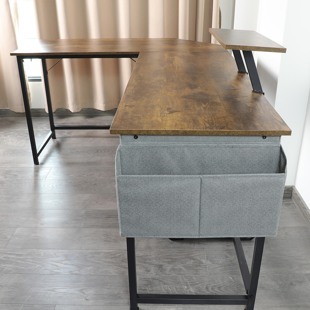 Home Office L-Shaped Computer Desk with Wooden Tabletop and Metal Frame - Brown