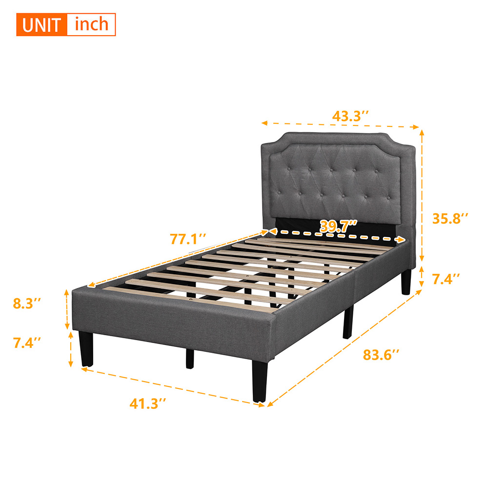 Twin Size Linen Upholstered Platform Bed Frame With Headboard, And Wooden Slats Support, No Spring Box Required (Frame Only) - Gray 11 Twin Size Linen Upholstered Platform Bed Frame with Headboard, and Wooden Slats Support, No Spring Box Required (Frame Only) - Gray