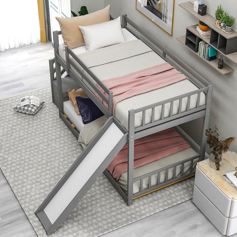 Twin-Over-Twin Size Stairway Bunk Bed Frame with Convertible Slide, and Wooden Slats Support, No Spring Box Required (Frame Only) - Gray