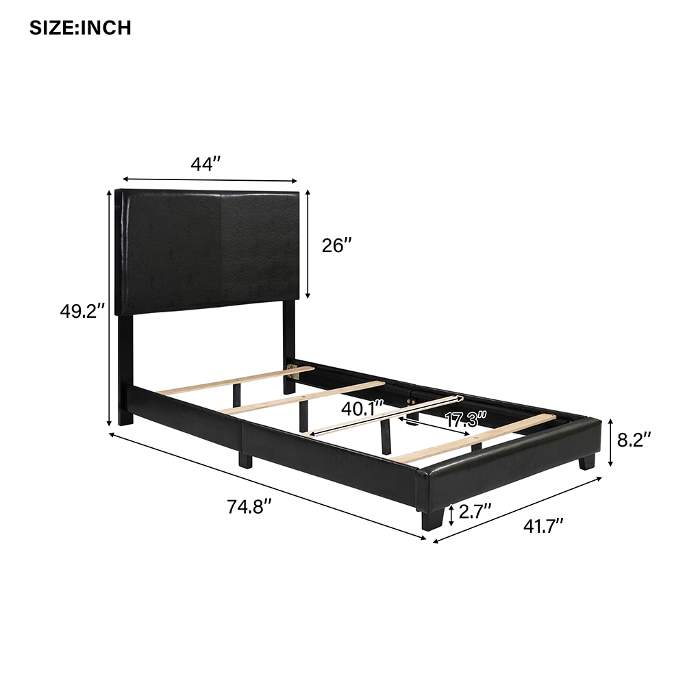Vienna Twin Size Faux Leather Upholstered Platform Bed Frame with Headboard, Spring Box Required (Frame Only) - Black