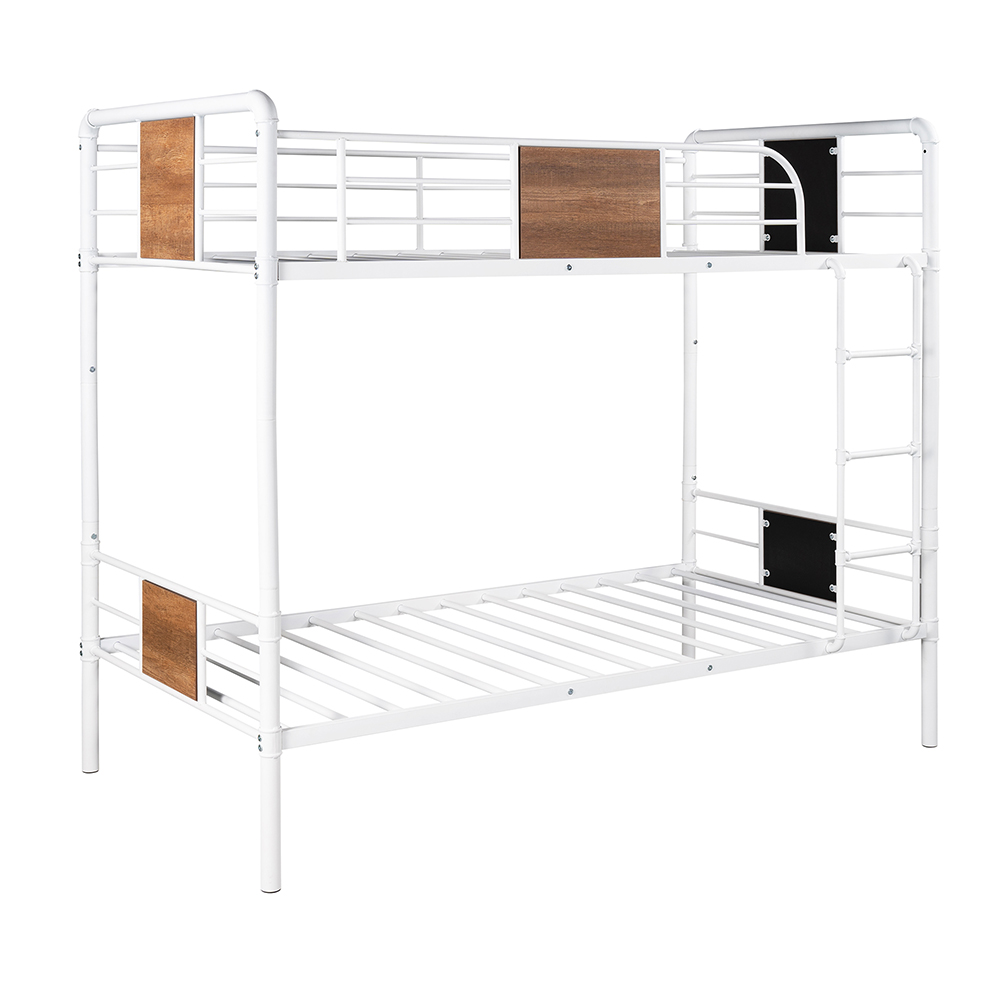 Twin-Over-Twin Size Bunk Bed Frame with Ladder, and Metal Slats Support, No Spring Box Required (Frame Only) - White