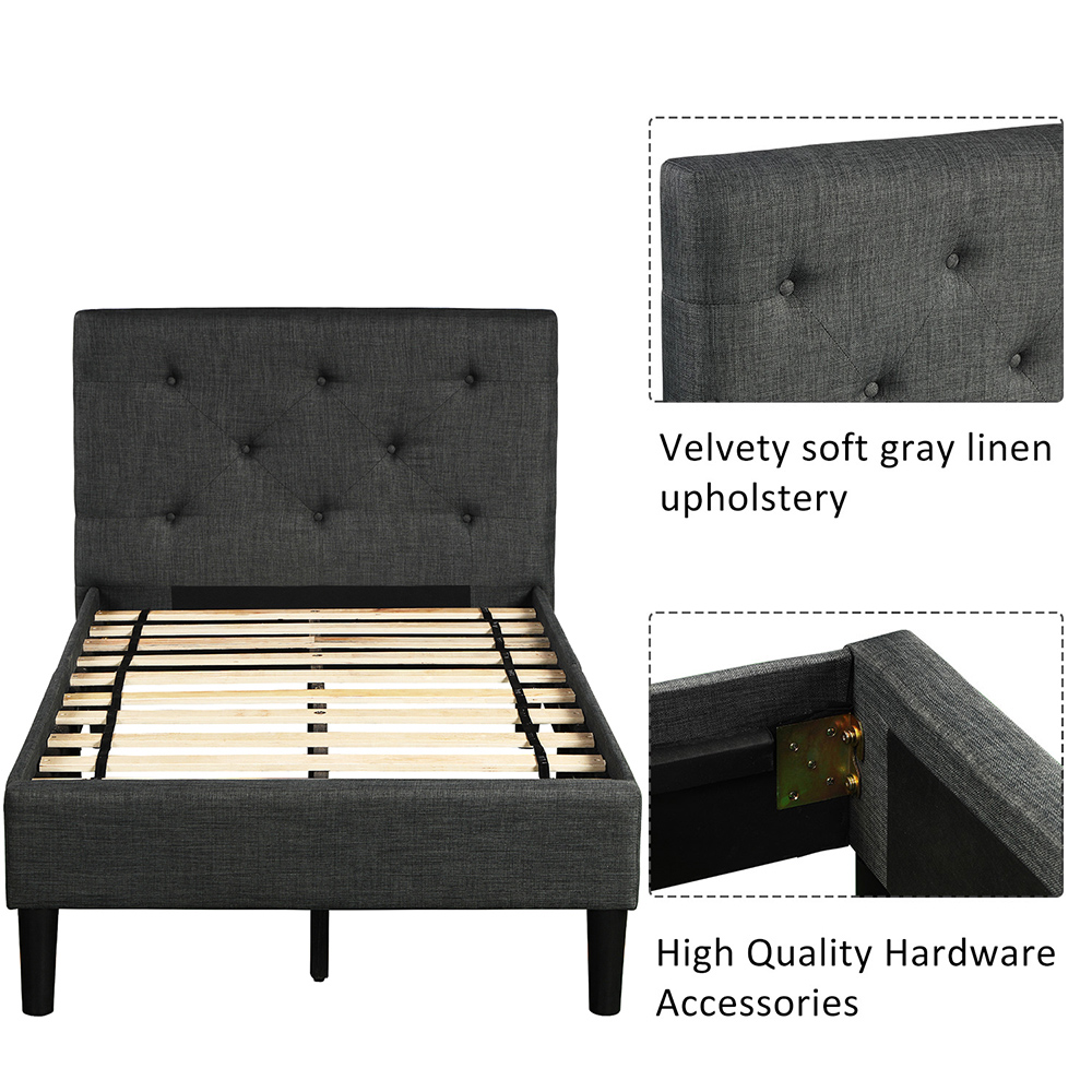 Twin Size Upholstered Button Tufted Platform Bed Frame With Headboard, And Wooden Slats Support, No Spring Box Required (Frame Only) - Gray 9 Twin Size Upholstered Button Tufted Platform Bed Frame with Headboard, and Wooden Slats Support, No Spring Box Required (Frame Only) - Gray