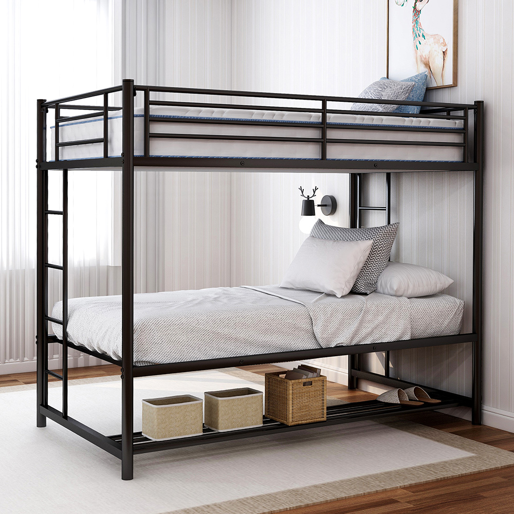 Twin-Over-Twin Size Bunk Bed Frame with Storage Shelf, and Metal Slats Support, No Spring Box Required (Frame Only) - Black