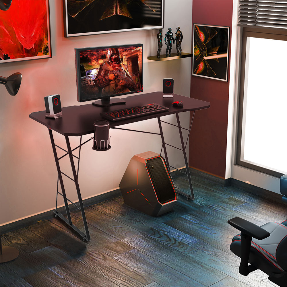 Home Office Computer Desk with Cup Holder, and Metal Frame, for Game Room, Office, Study Room - Black