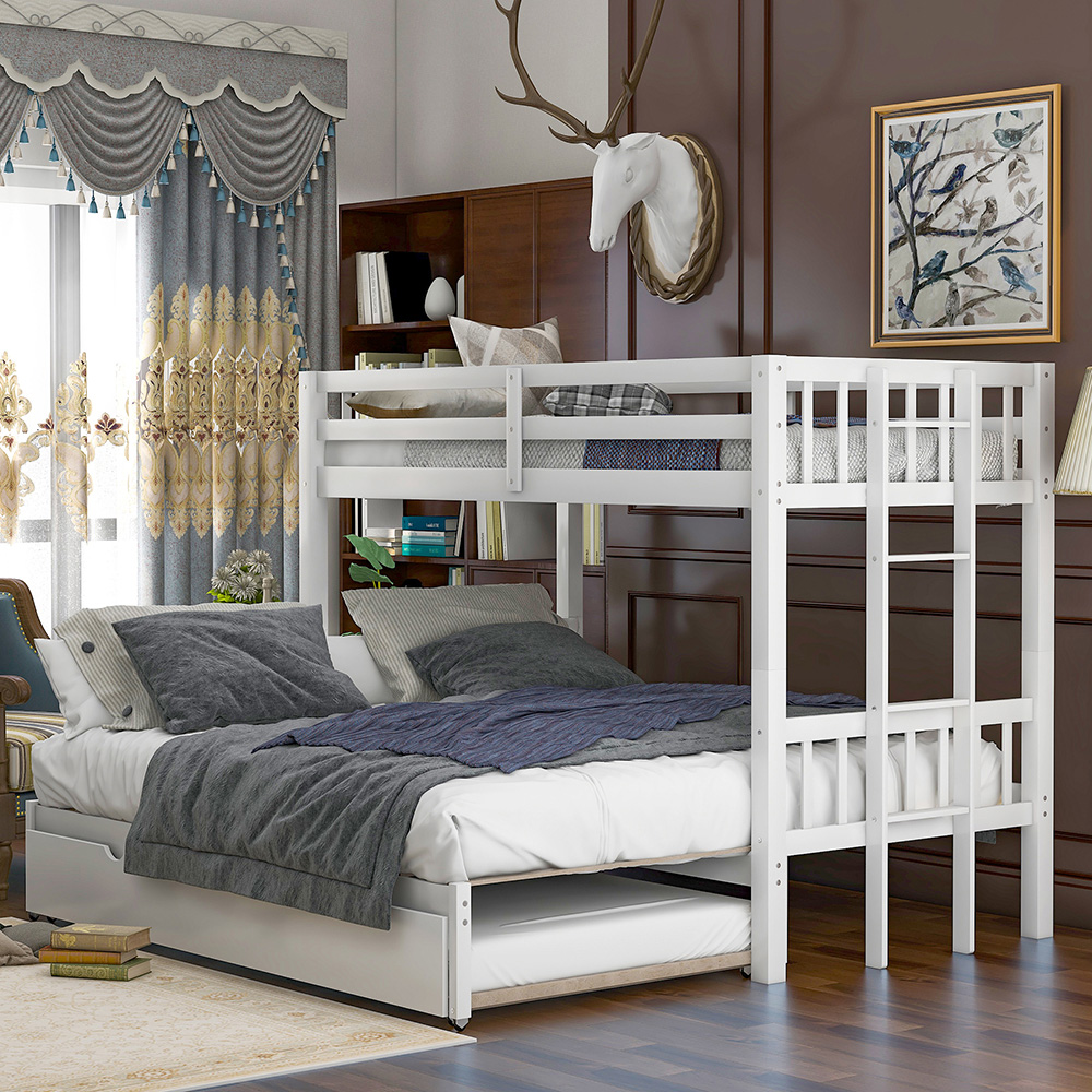 Twin-Over-Twin/King Size Bunk Bed Frame with Trundle Bed, and Wooden Slats Support, No Spring Box Required (Frame Only) - White