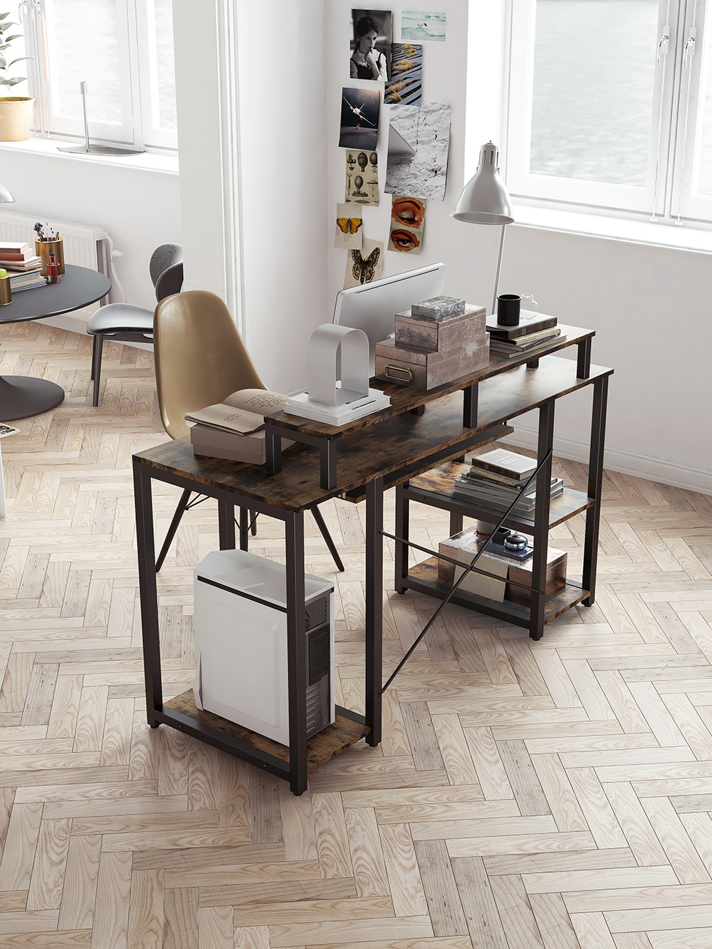 Home Office Computer Desk with Open Storage Shelves, Keyboard Tray, Wooden Tabletop and Metal Frame - Brown