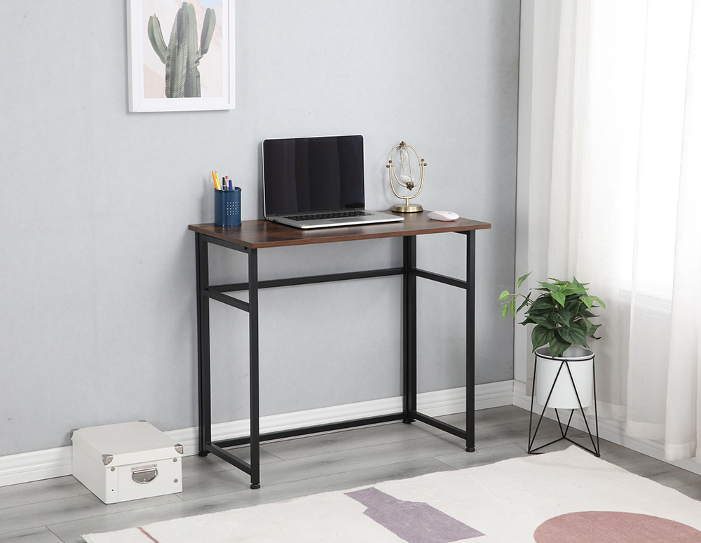 Home Office Folding Computer Desk with Particle Board Tabletop and Metal Frame - Brown