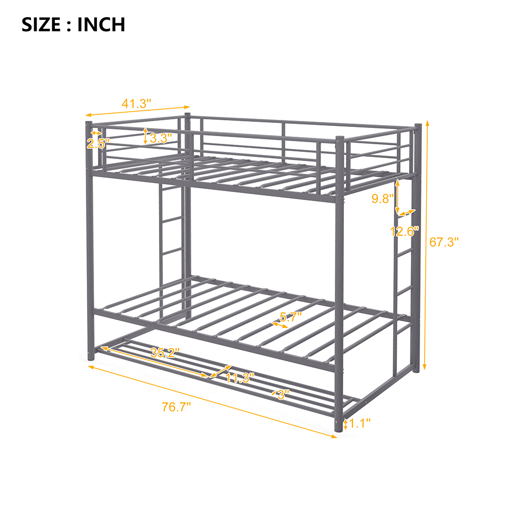 TwinOverTwin Size Metal Bunk Bed Frame with Storage Shelf Gray