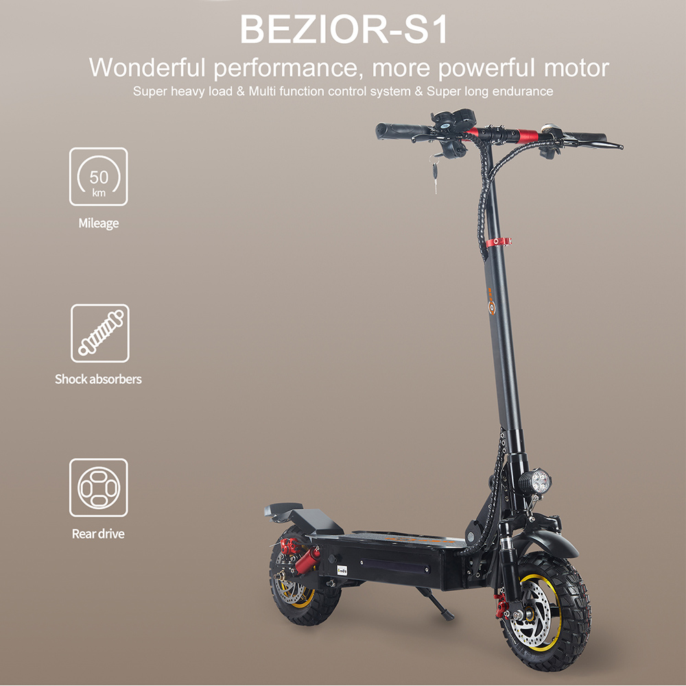 BEZIOR S1 Off-Road Electric Scooter 13Ah Battery 1000W Motor up to 50KM Travel mileage 10 inch Wheel 45Km/h Disk Brake aluminum alloy Body - Black