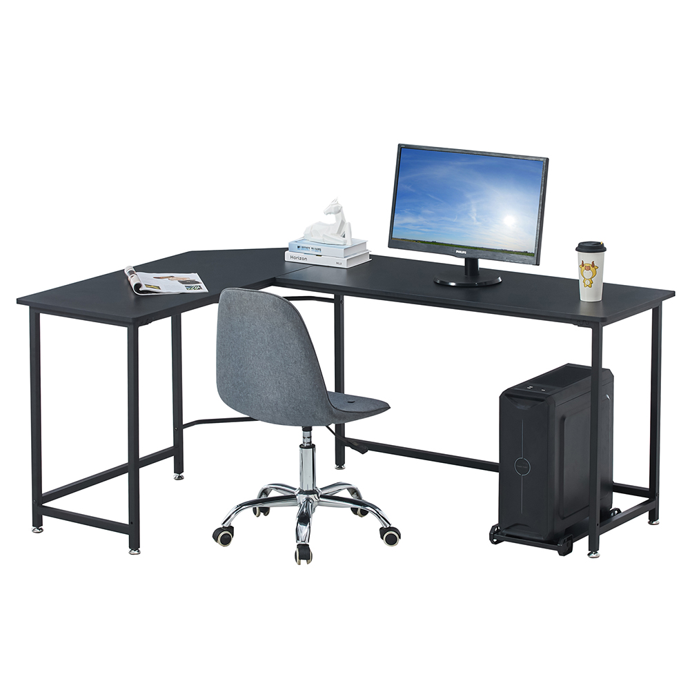 66" Home Office L-shaped Computer Desk with Wooden Tabletop and Metal Frame - Black
