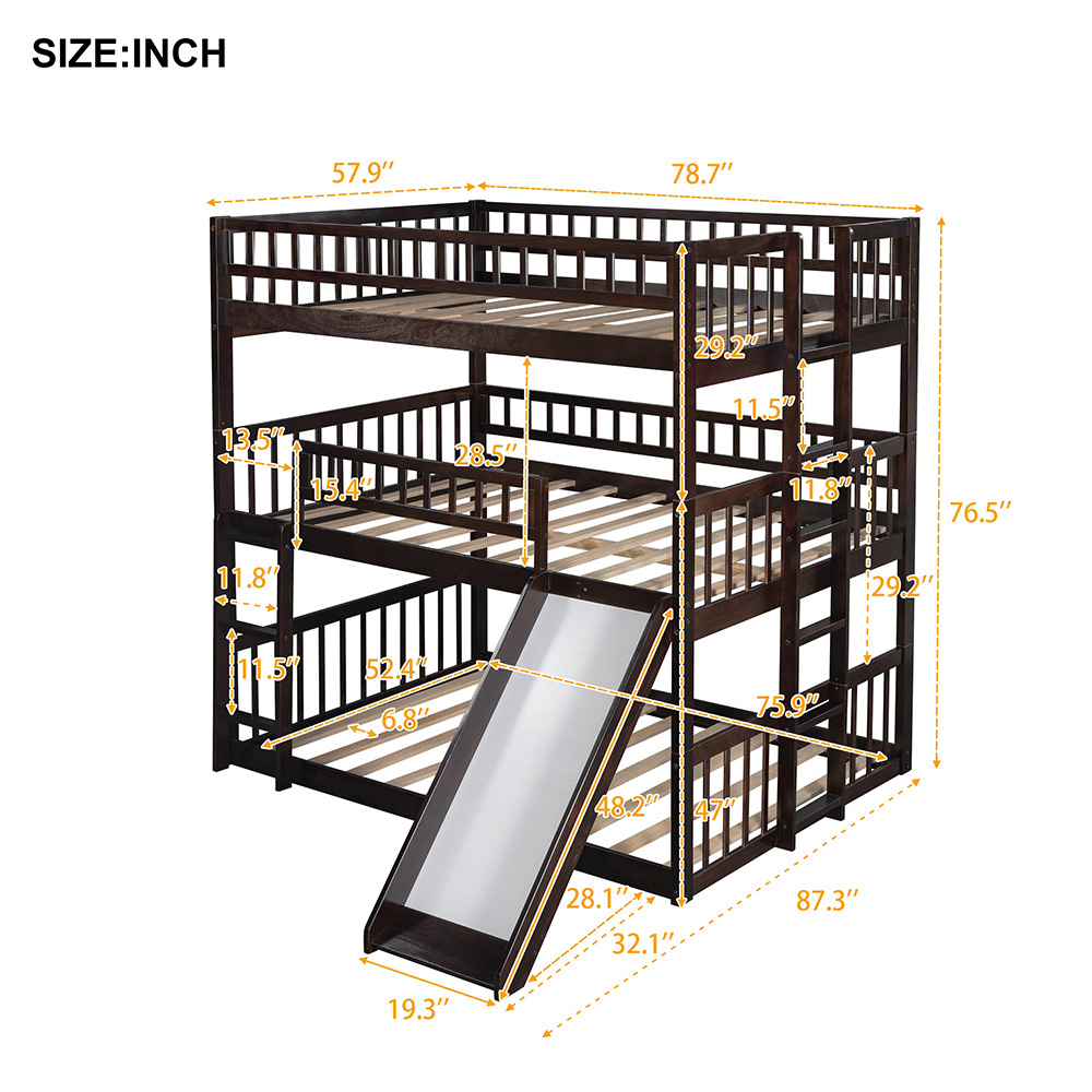 Full-Over-Full-Over-Ful Size Triple Bed Frame with Slide, and Wooden Slats Support, No Spring Box Required (Frame Only) - Espresso