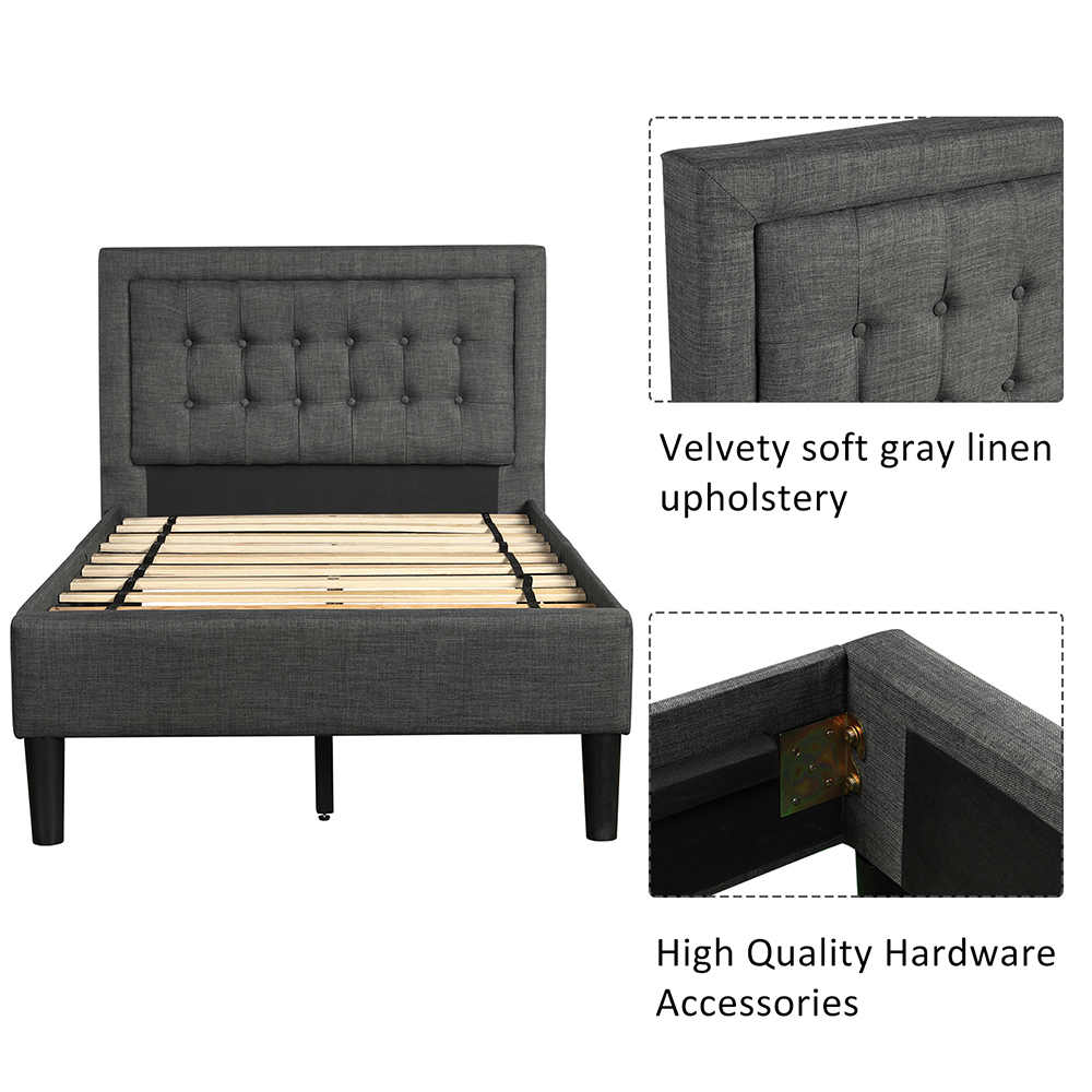 Twin Size Upholstered Platform Bed Frame with Headboard, and Wooden Slats Support, No Spring Box Required (Frame Only) - Gray
