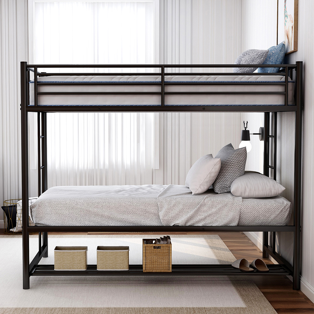 Twin-Over-Twin Size Bunk Bed Frame with Storage Shelf, and Metal Slats Support, No Spring Box Required (Frame Only) - Black