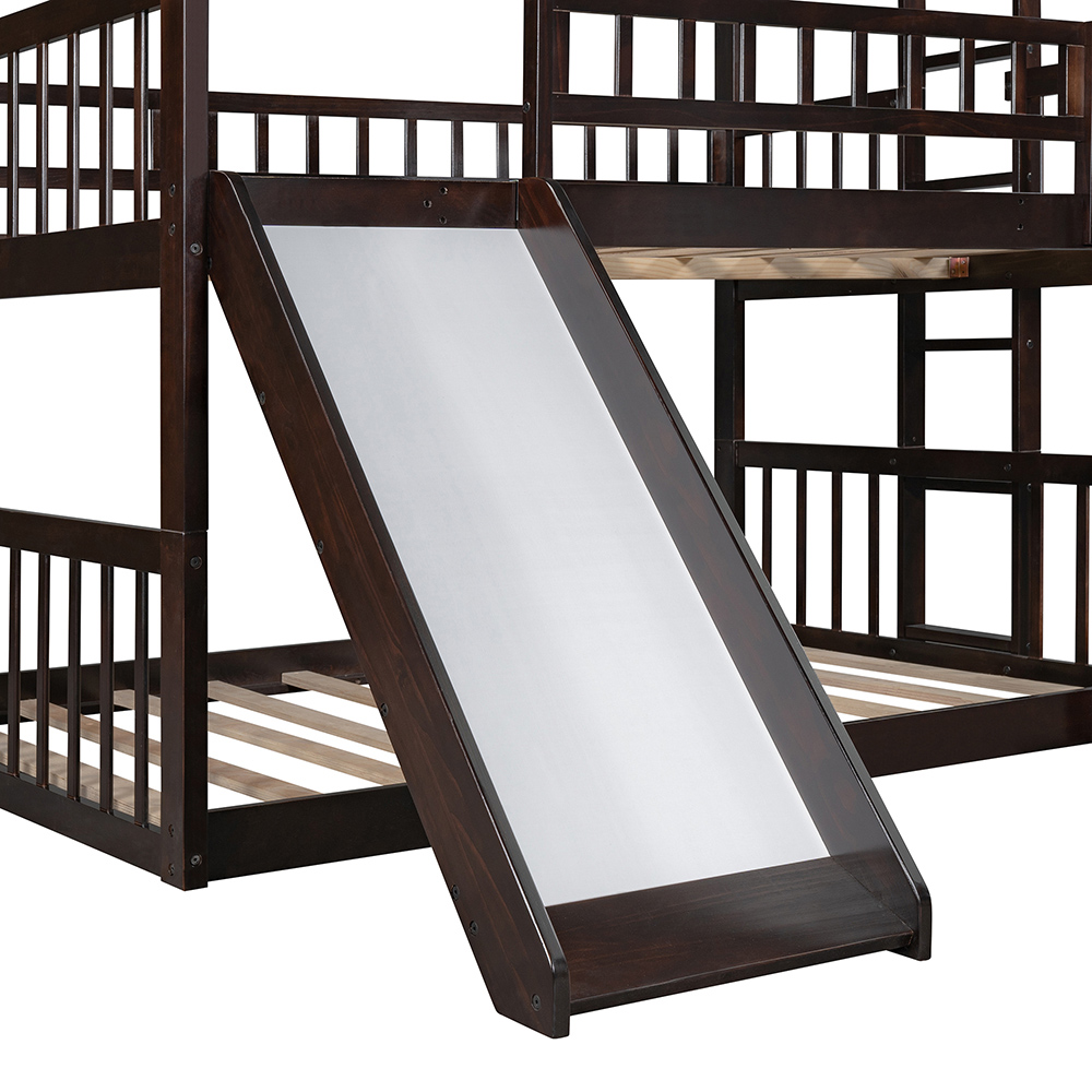 Full-Over-Full-Over-Ful Size Triple Bed Frame with Slide, and Wooden Slats Support, No Spring Box Required (Frame Only) - Espresso