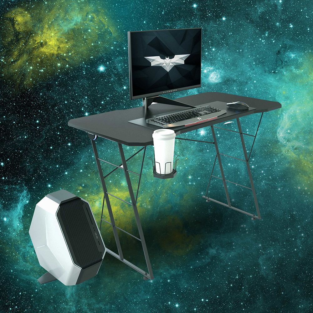 Home Office Computer Desk with Cup Holder, and Metal Frame, for Game Room, Office, Study Room - Black
