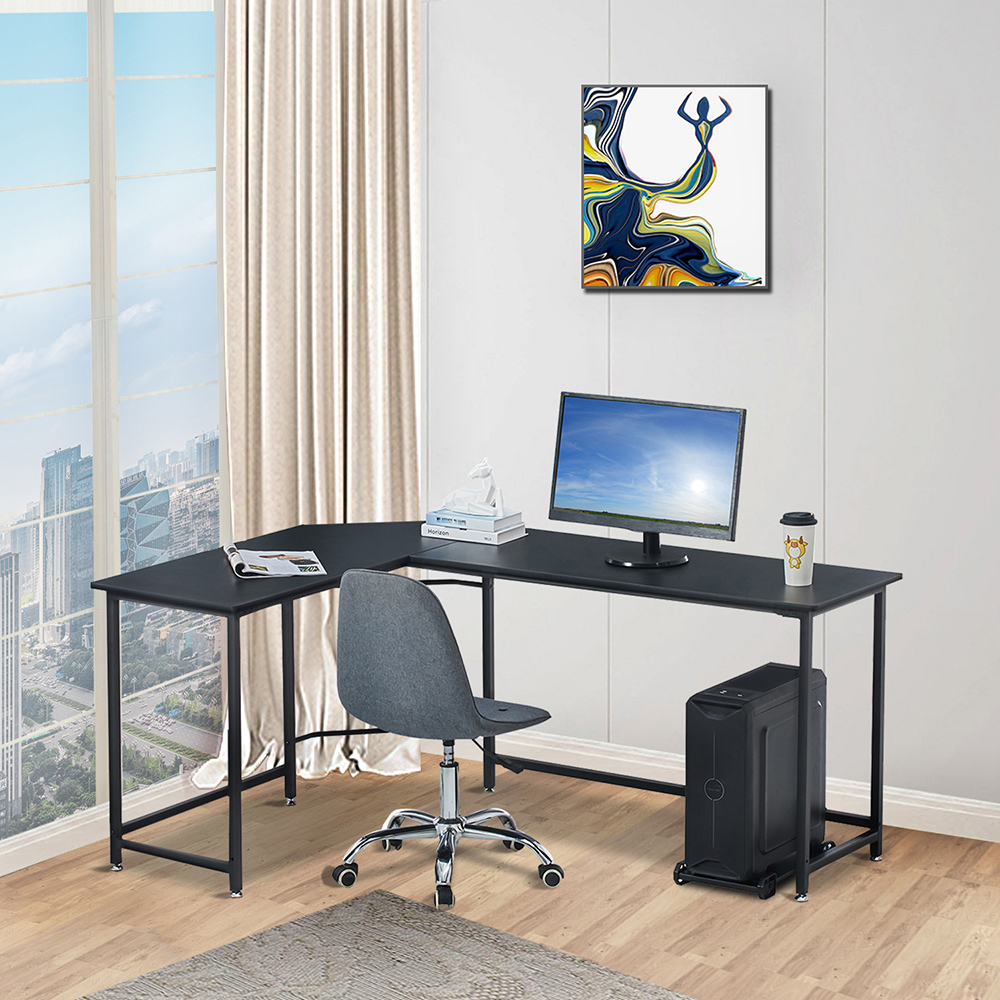 66" Home Office L-shaped Computer Desk with Wooden Tabletop and Metal Frame - Black