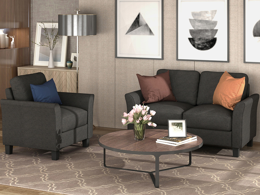 1+2-Seat Linen Upholstered Sofa with Wooden Frame, for Living Room, Bedroom, Office, Apartment - Black