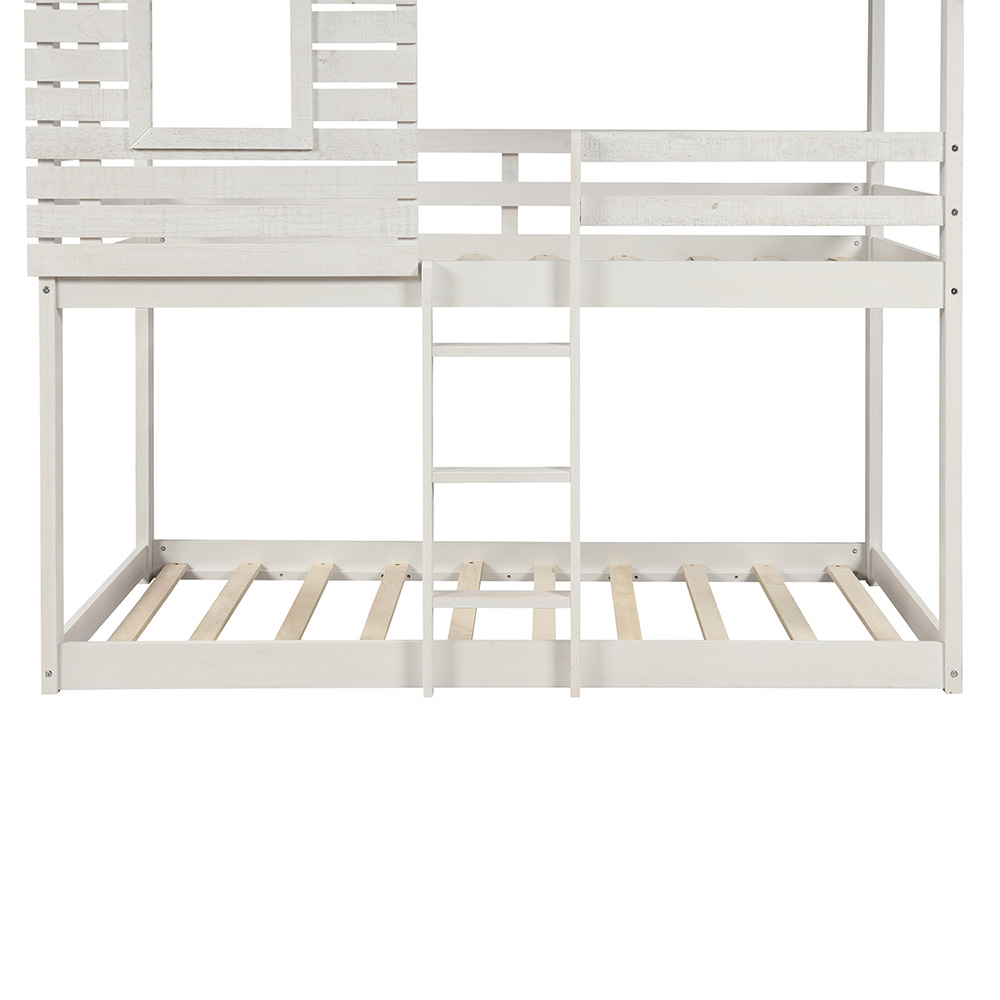 Twin-Over-Twin Size Bunk Bed Frame with Roof, and Wooden Slats Support, No Spring Box Required (Frame Only) - Antique White